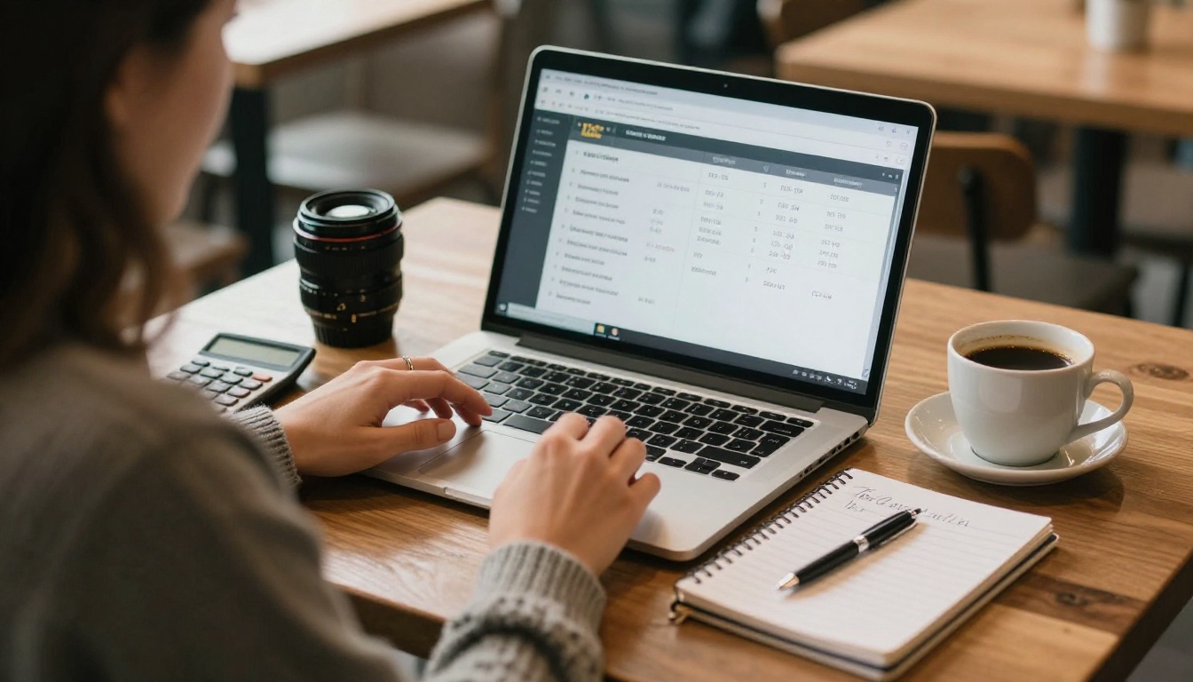 Agency owner comparing tool pricing on a laptop at a cafe table Agency owner comparing tool pricing on a laptop at a cafe table