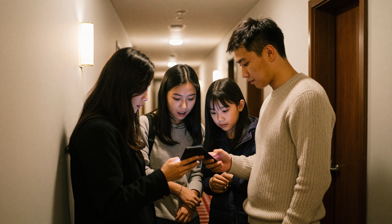 Family in a hotel hallway checking attraction recommendations on a phone Family in a hotel hallway checking attraction recommendations on a phone