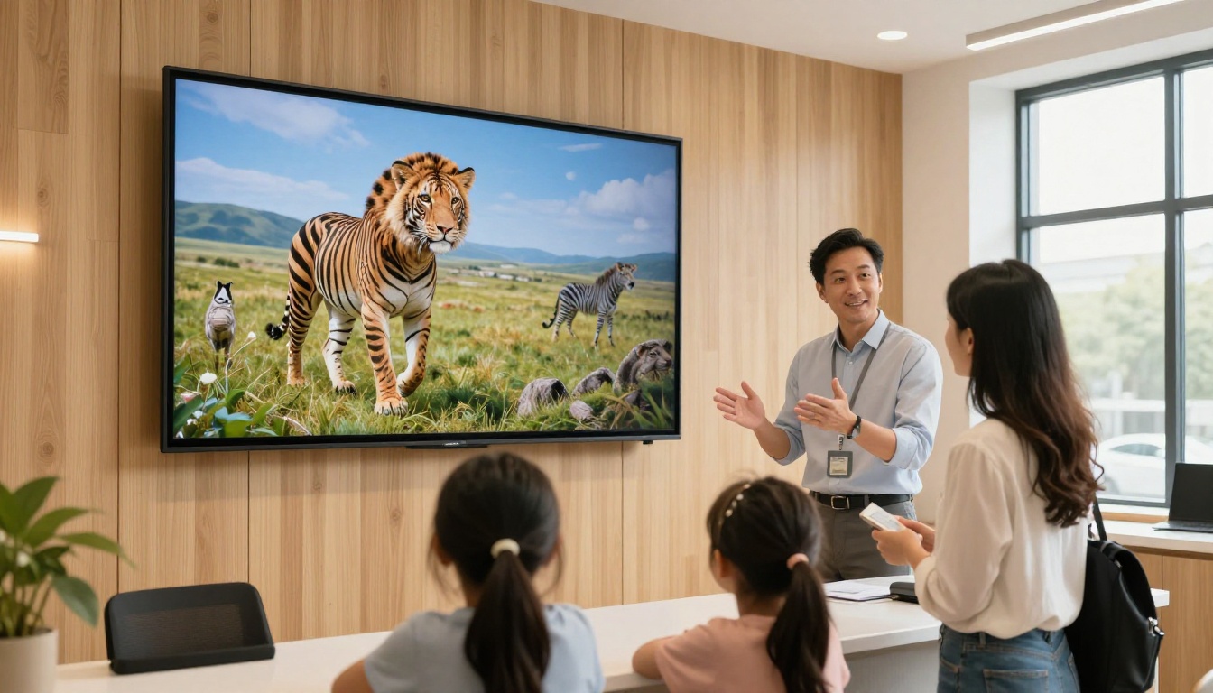 Family of four viewing a safari brochure on a wall screen in a travel agency Family of four viewing a safari brochure on a wall screen in a travel agency