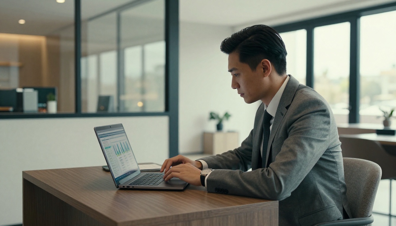 Hotel manager reviewing analytics charts on a laptop in a bright office Hotel manager reviewing analytics charts on a laptop in a bright office