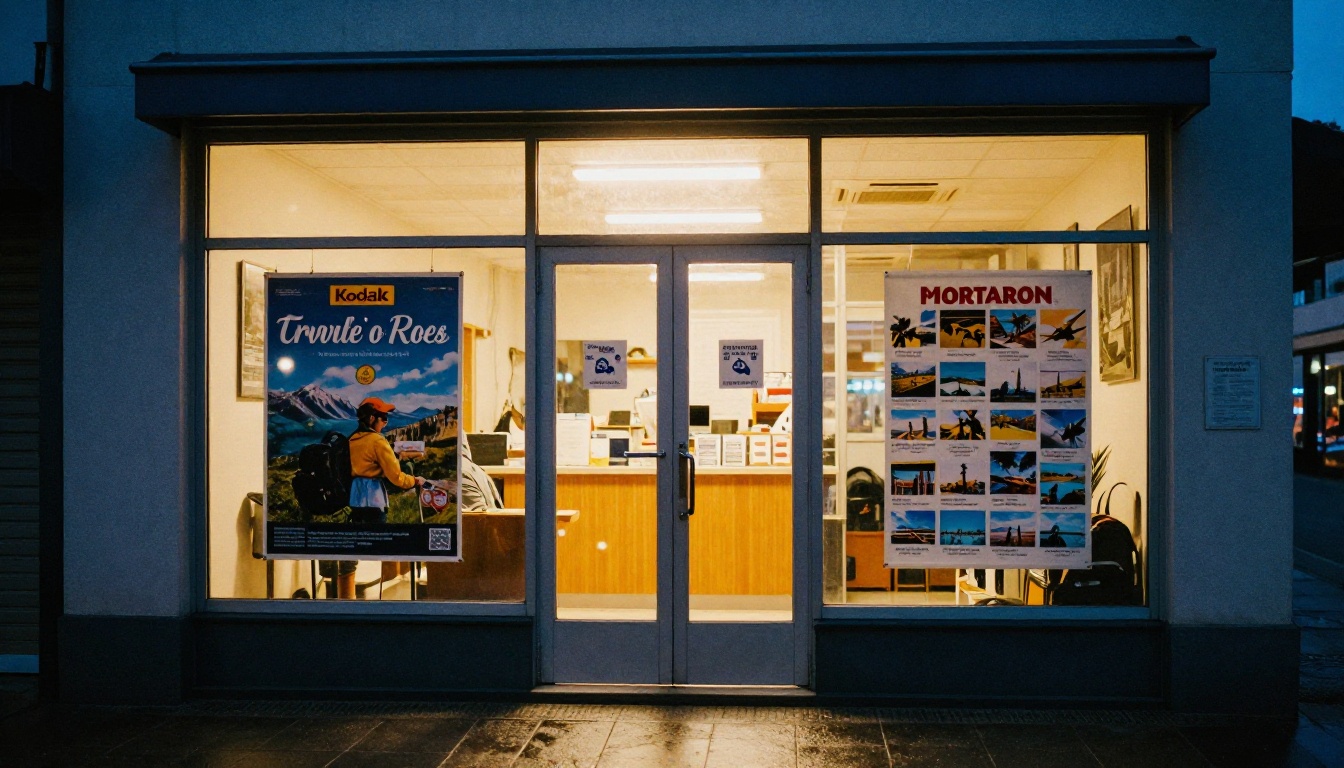 Travel agency storefront glowing at dusk with brochures in the window Travel agency storefront glowing at dusk with brochures in the window