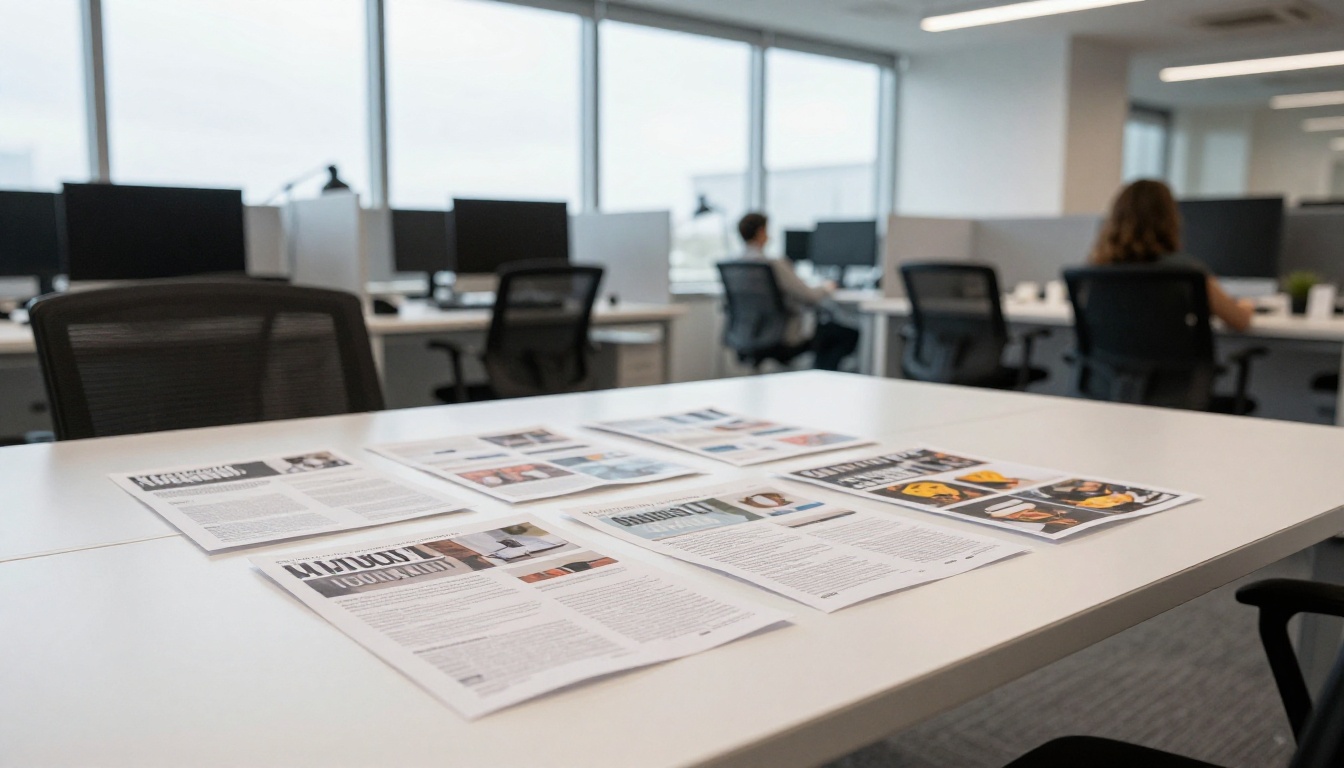 Team reviewing a printed newsletter in an office