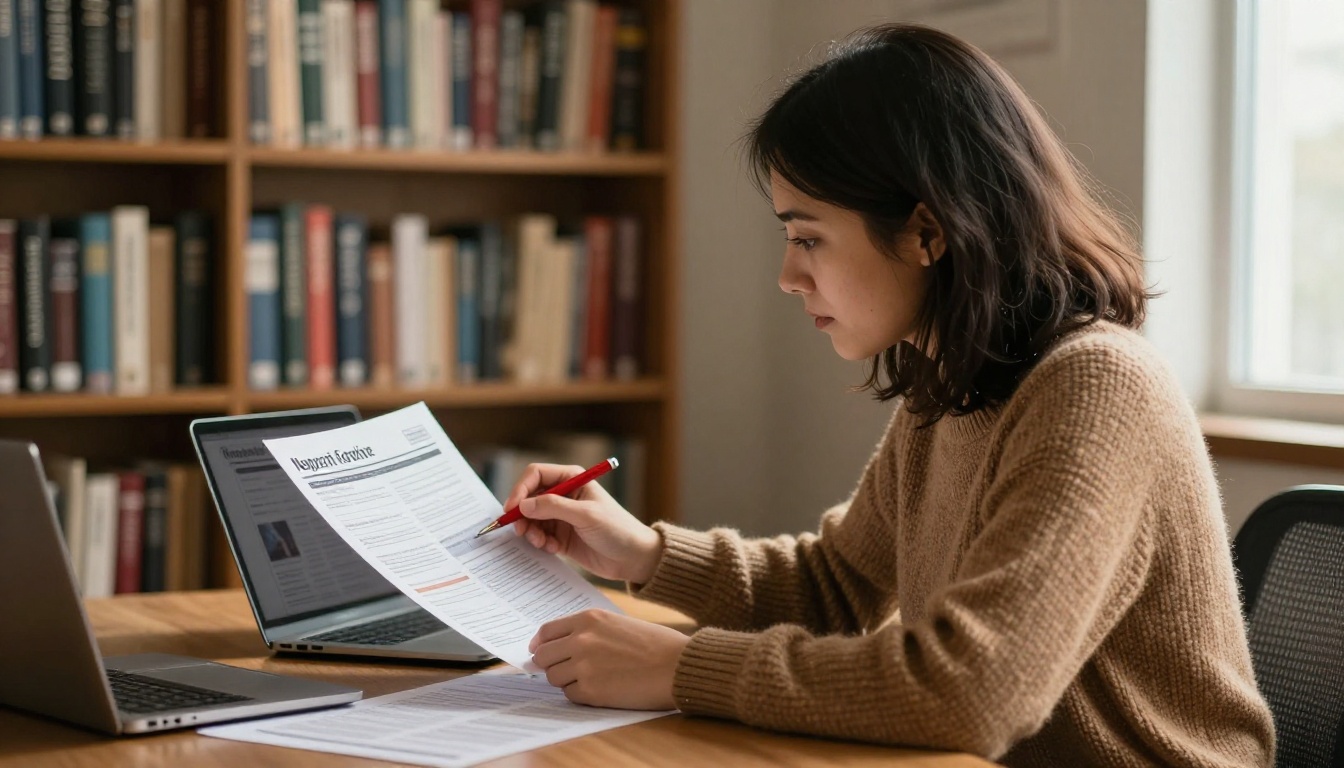A nonprofit director reviewing a printed newsletter draft with a red pen