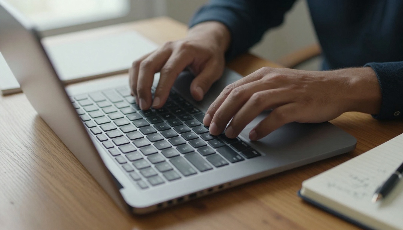 Author typing a newsletter draft at a wooden desk