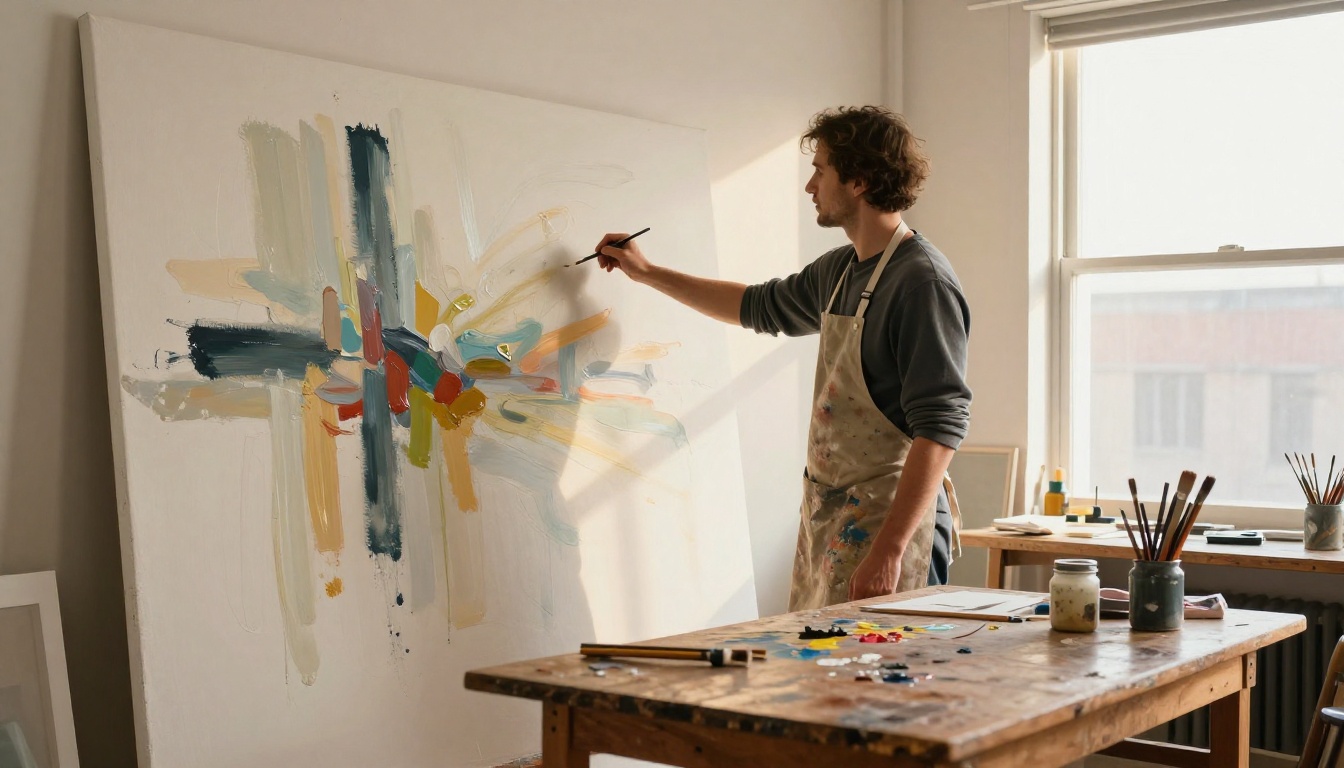 Painter standing next to a large canvas in a loft studio