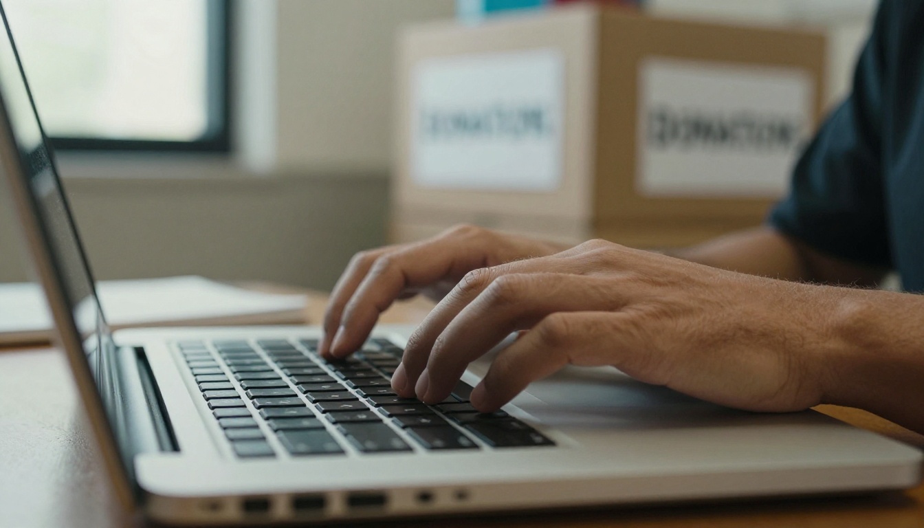 Close-up of a volunteer's hands typing on a laptop in a community center
