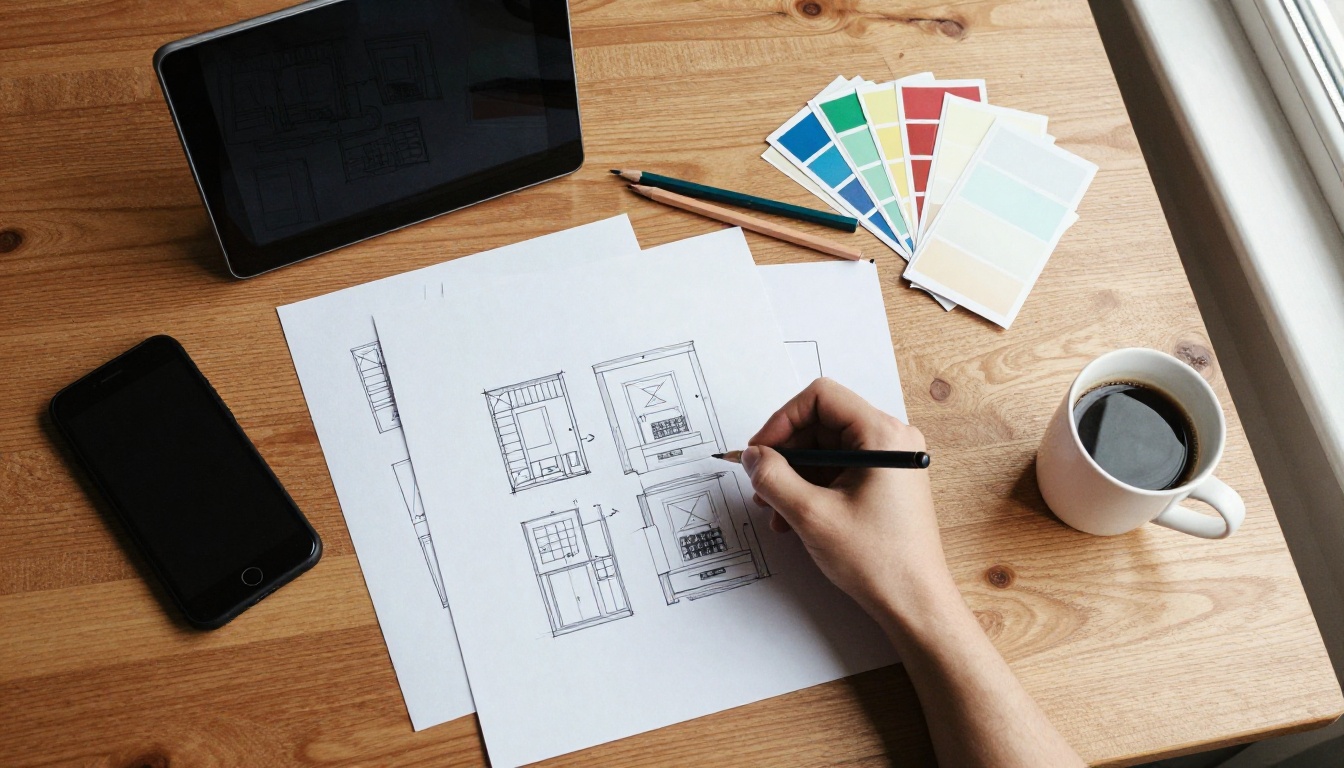 Overhead view of a desk with flyer sketches, a tablet and a phone Overhead view of a desk with flyer sketches, a tablet and a phone