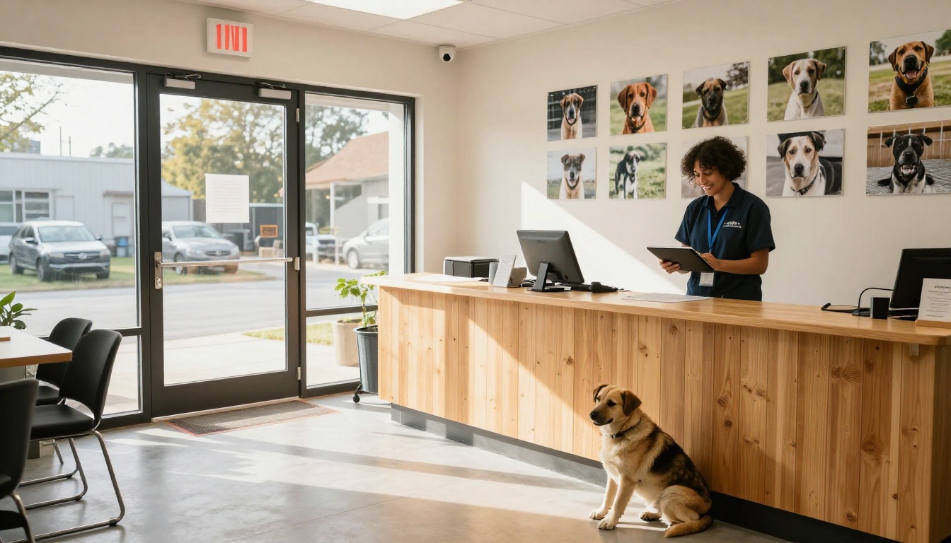 A charity pet shelter reception with a staff member holding a tablet and a dog by the counter