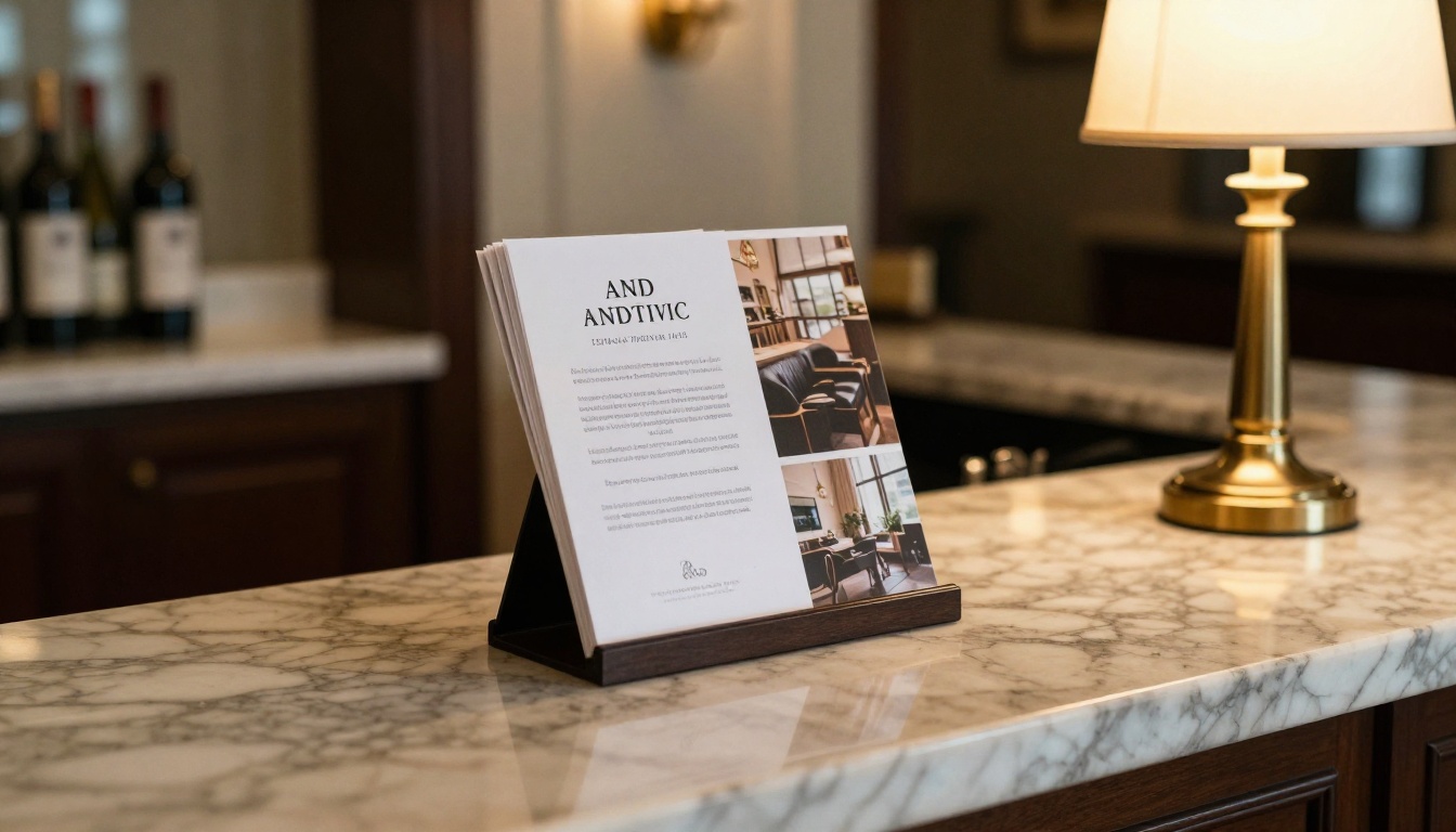 Hotel reception desk with printed brochures