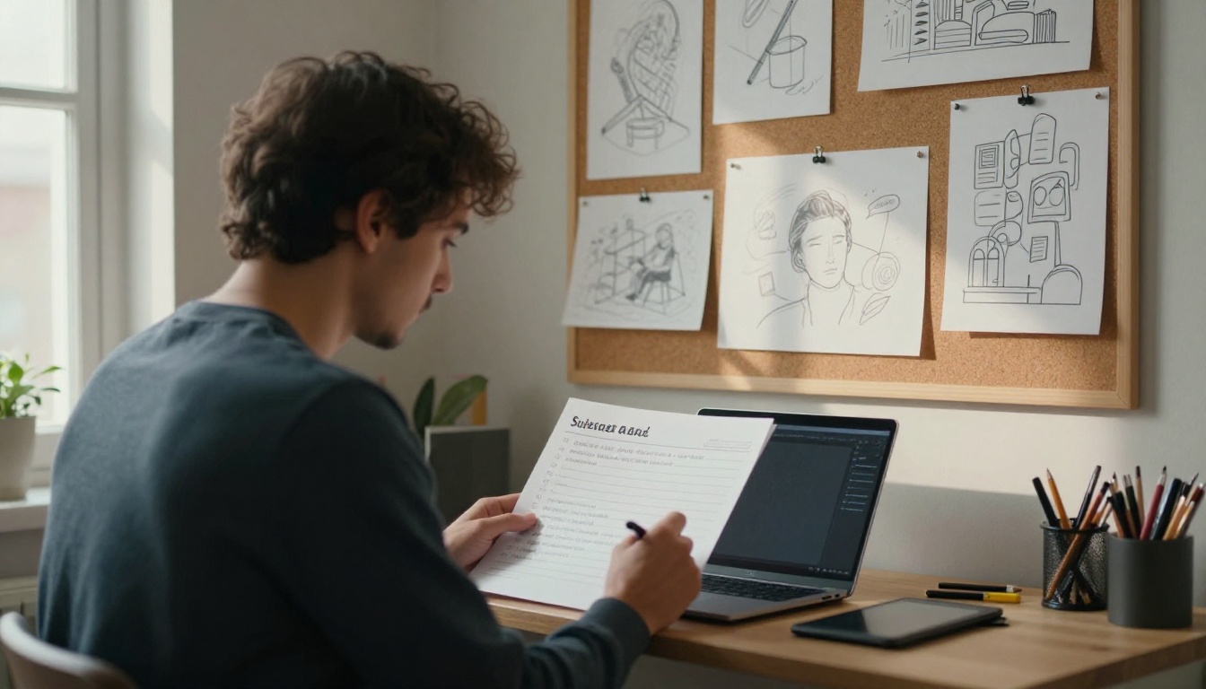 Illustrator reviewing subscriber notes on a laptop