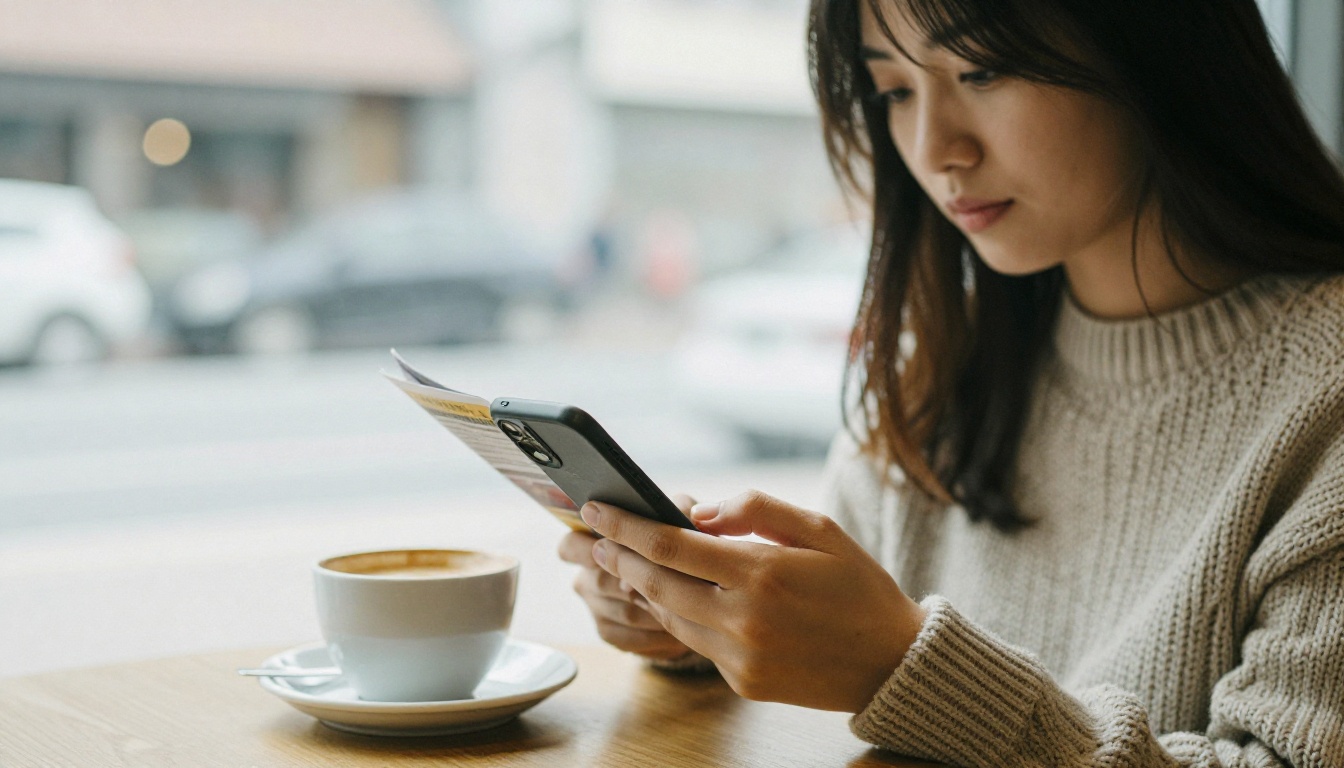 A young woman reading a nonprofit newsletter on her phone at a cafe table