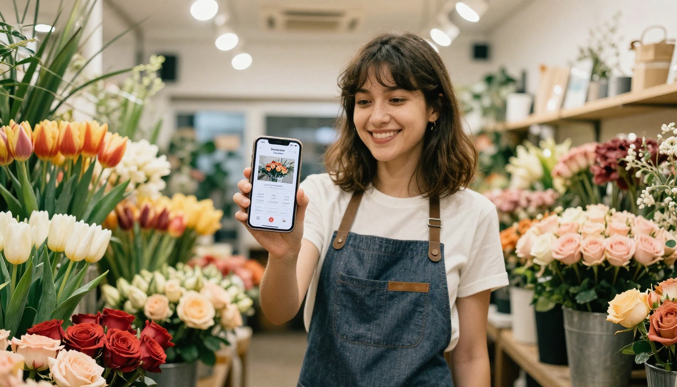 Florist holding a smartphone with a flyer template among fresh flowers Florist holding a smartphone with a flyer template among fresh flowers