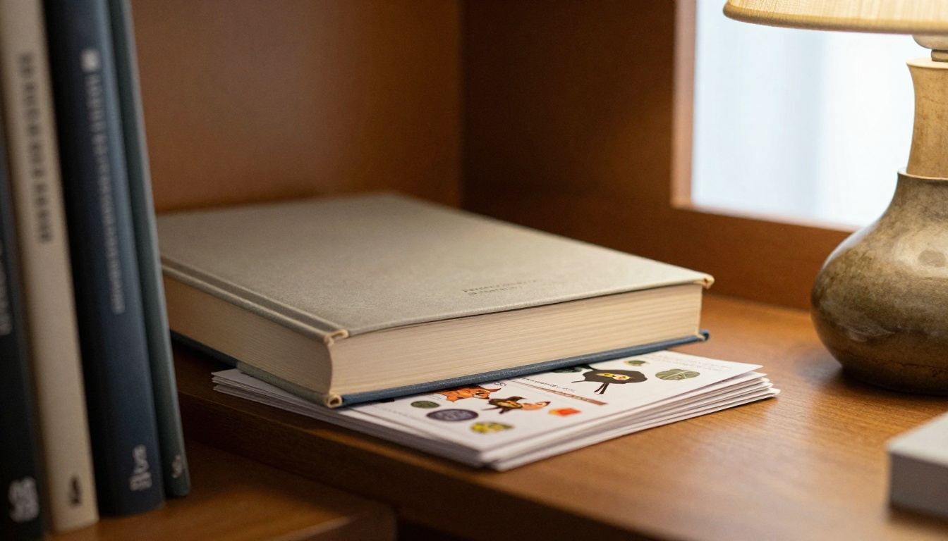 Bookshelf nook with a hardcover book and postcards