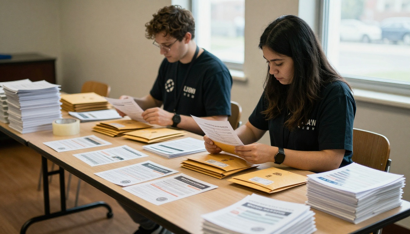 Two volunteers packing envelopes and printed annual reports at a long table