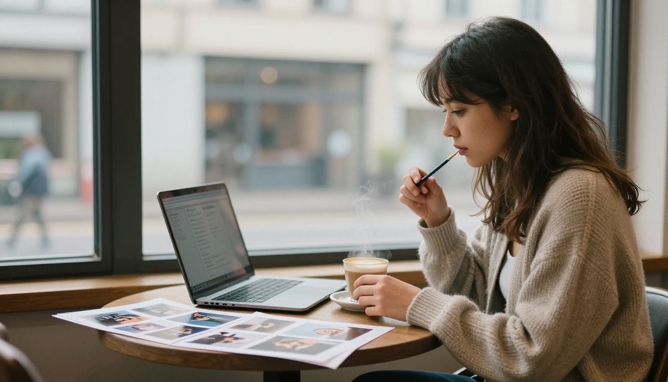 Photographer at a coffee shop table with a printed portfolio