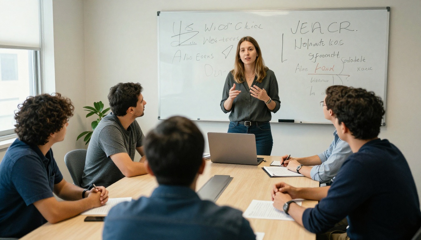 A small nonprofit board meeting with five people around a table with printed charts