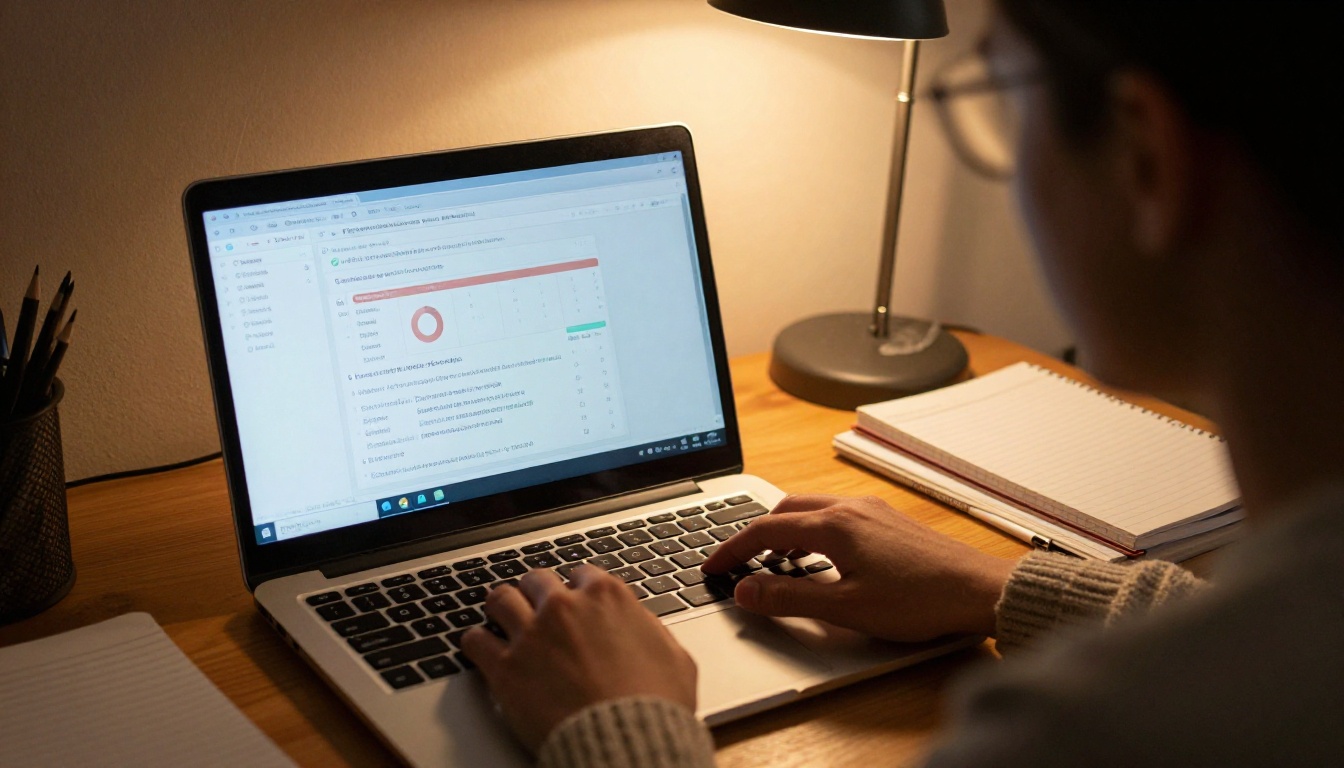 Writer reviewing email statistics on a laptop at night
