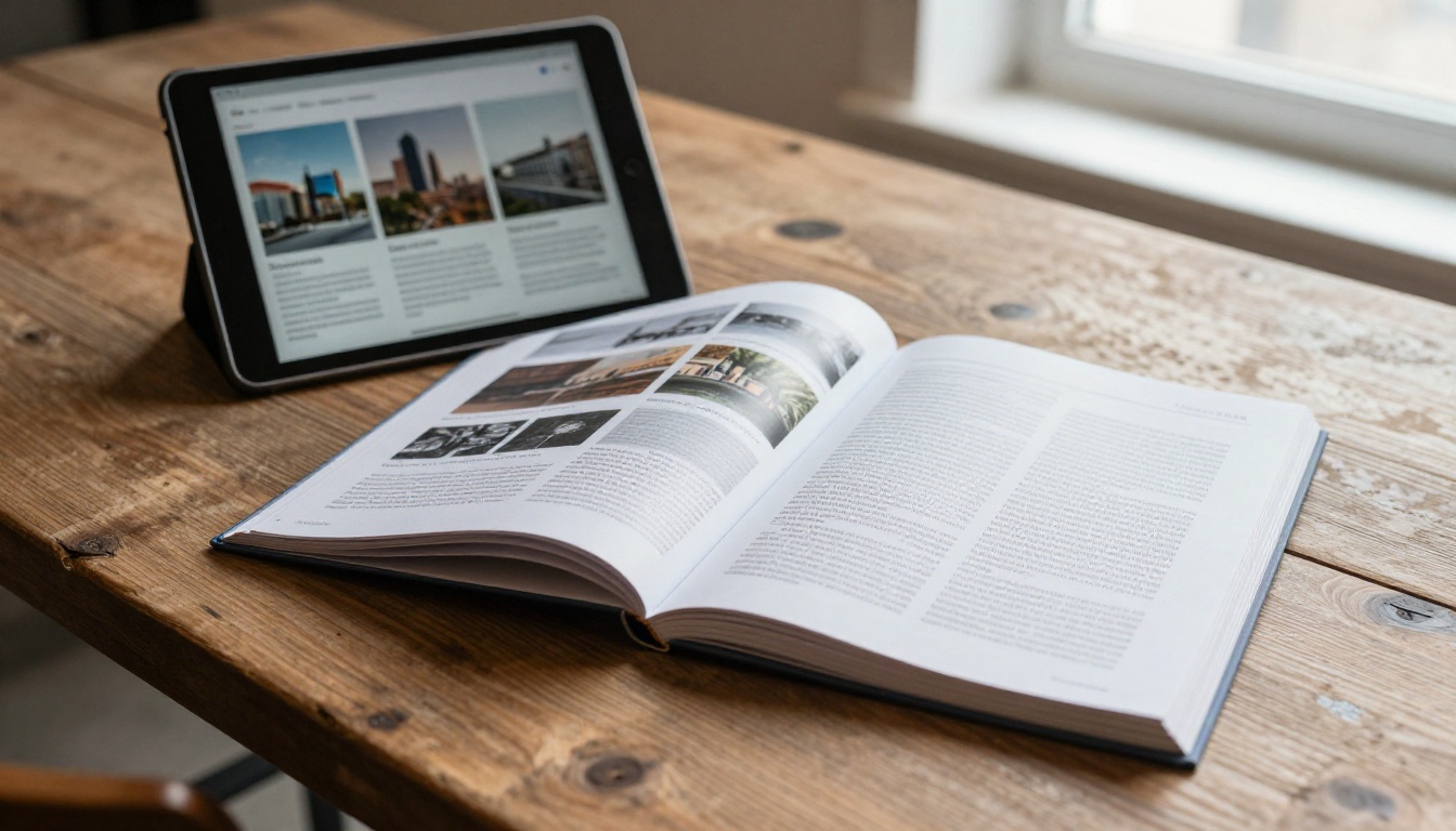 Open art book and tablet showing a digital publication