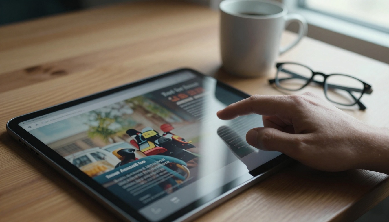 A tablet displaying a digital annual report with a hand swiping the screen