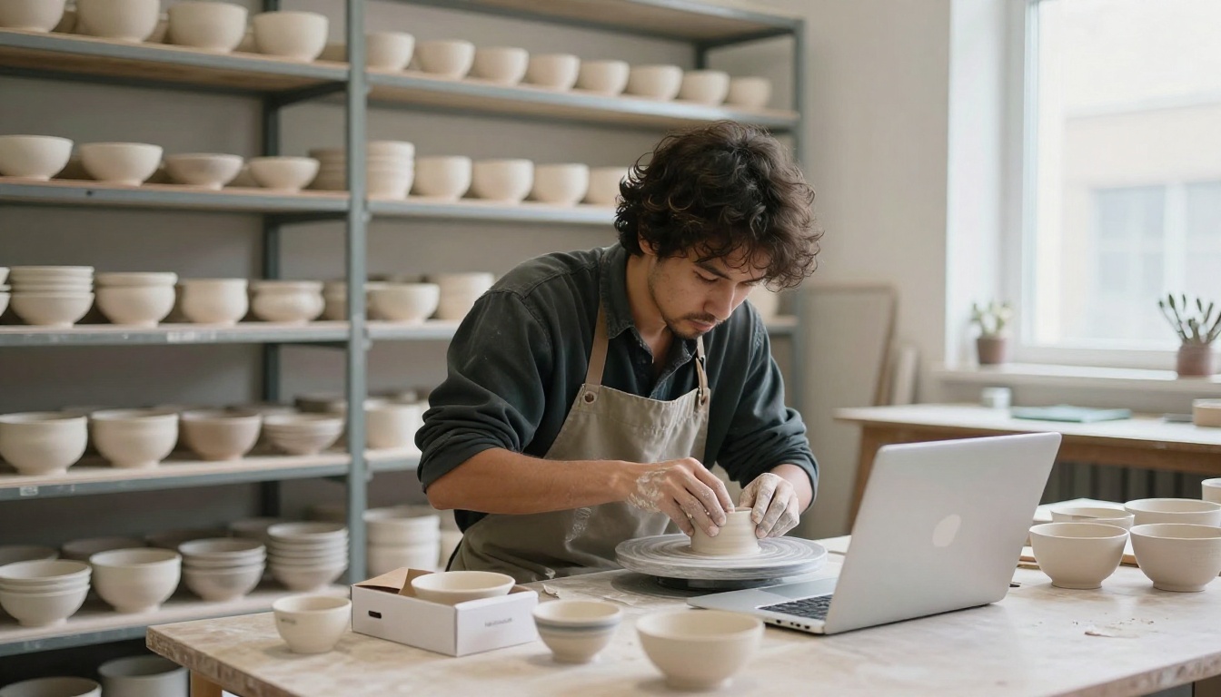 Ceramic artist packing handmade bowls beside a laptop