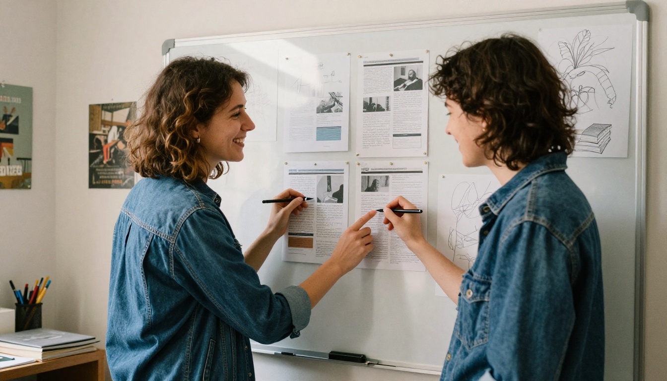Writer and artist planning a newsletter on a whiteboard