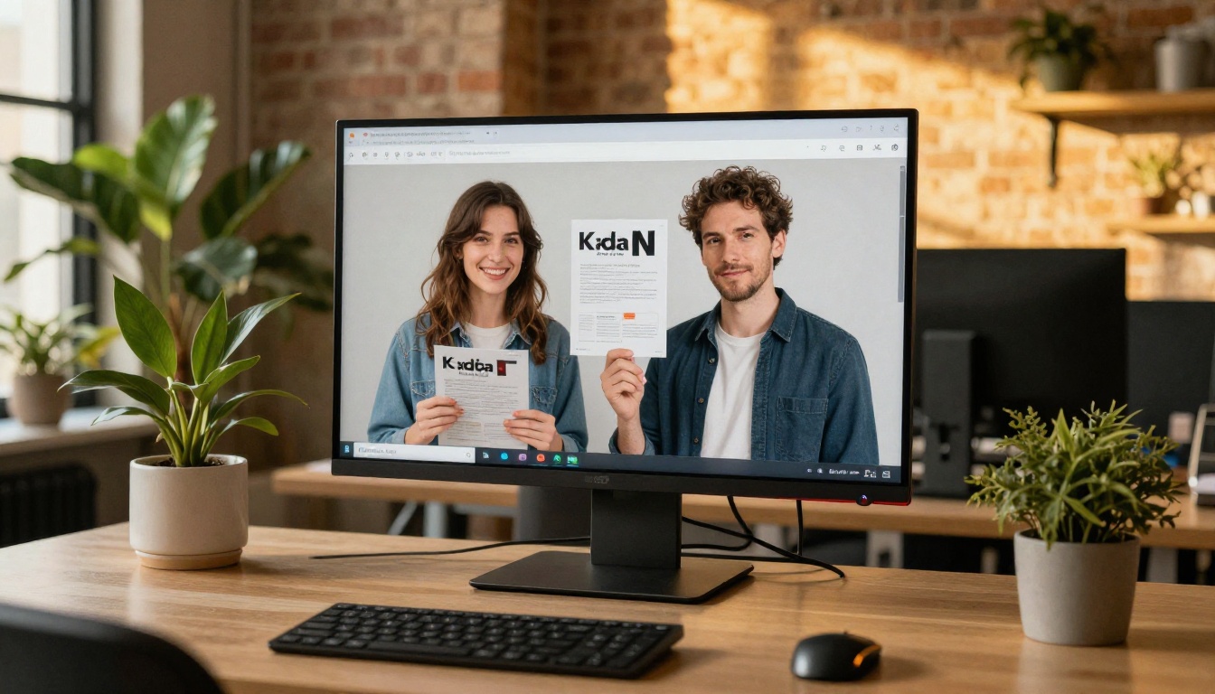 Two entrepreneurs comparing flyer designs on a large monitor in a coworking space Two entrepreneurs comparing flyer designs on a large monitor in a coworking space
