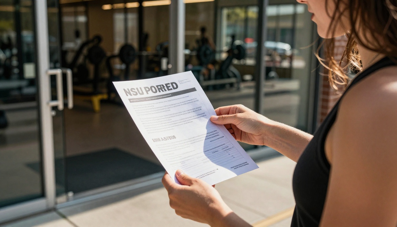 Fitness studio owner handing a printed flyer to a passerby on a sunny sidewalk Fitness studio owner handing a printed flyer to a passerby on a sunny sidewalk