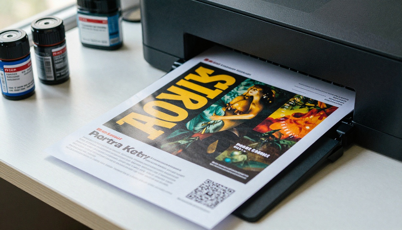 Desktop printer outputting vivid flyers onto a tray Desktop printer outputting vivid flyers onto a tray
