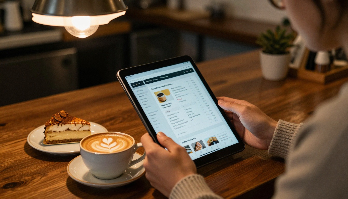 Café owner viewing a digital flyer on a tablet beside latte art and pastries Café owner viewing a digital flyer on a tablet beside latte art and pastries