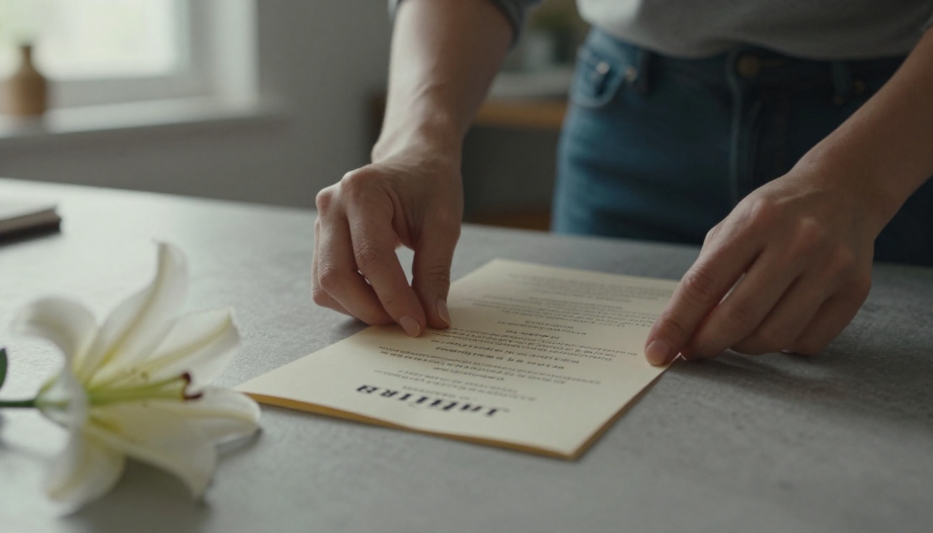 Hands arranging a printed funeral program with a white lily