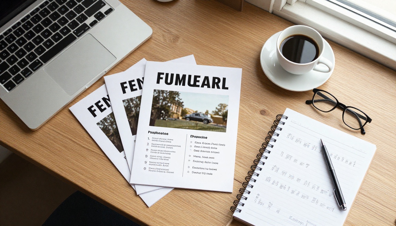 Overhead view of a desk with laptop and funeral program samples