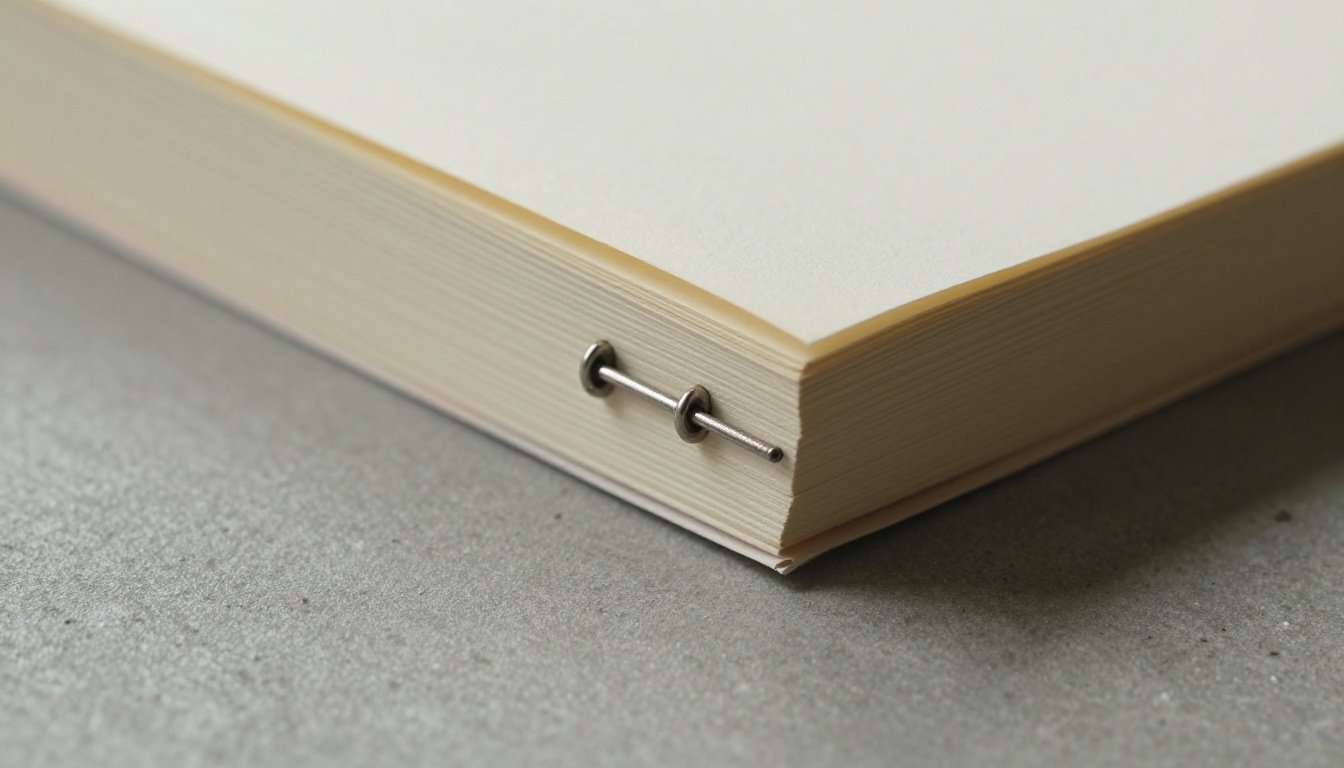 Close view of a stapled booklet spine