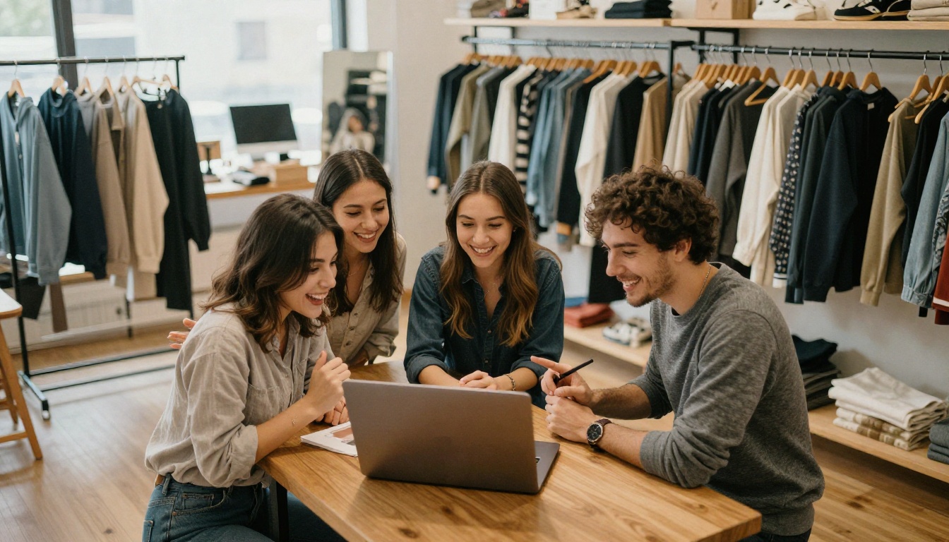 Three boutique staff celebrating around a laptop after a successful promotion Three boutique staff celebrating around a laptop after a successful promotion