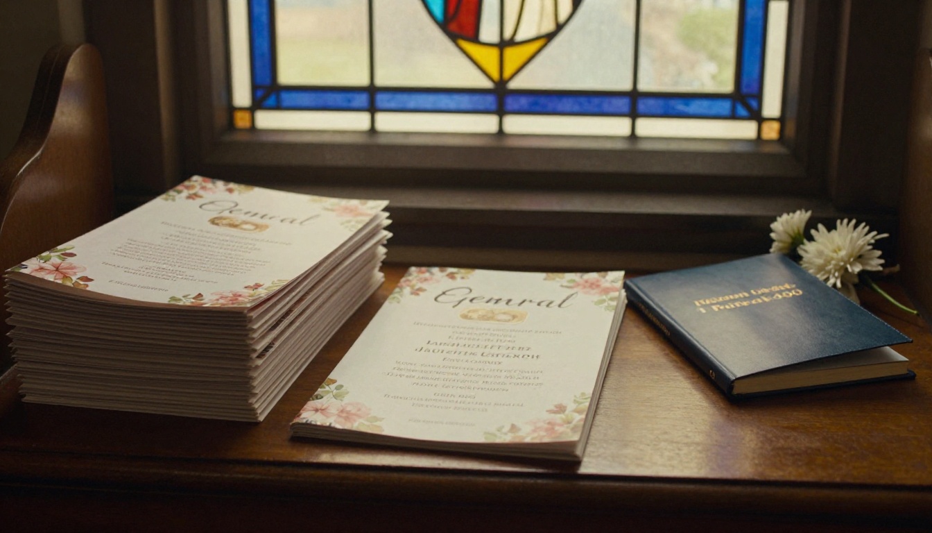 Stack of funeral programs on a church entrance table