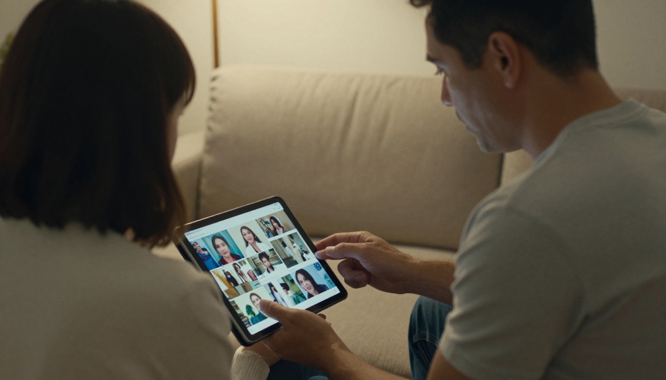 Family choosing photos on a tablet for a memorial program