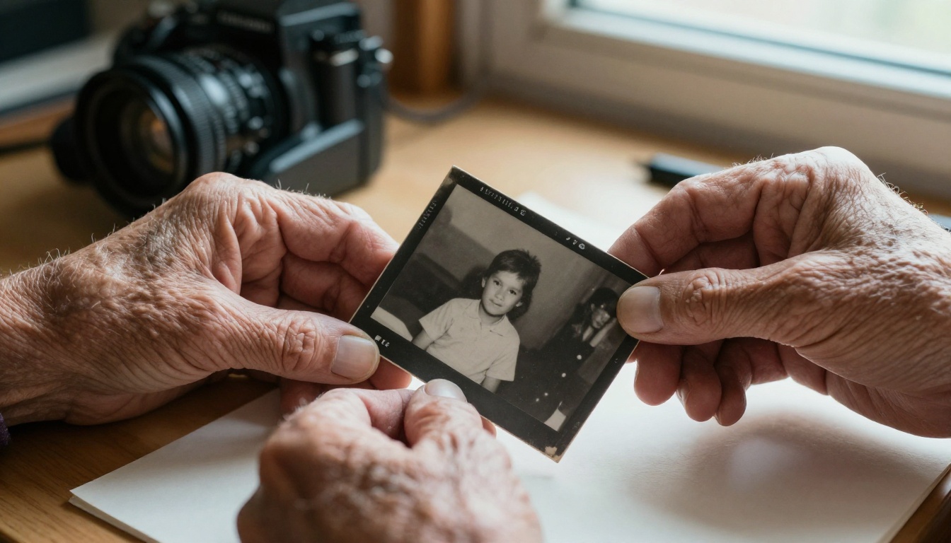 Elderly hands holding an old photograph beside a scanner