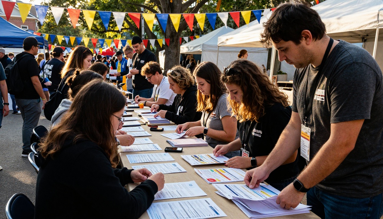 Volunteers handing out schedules at a festival