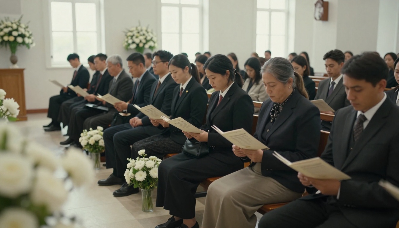 Mourners holding folded programs inside a chapel