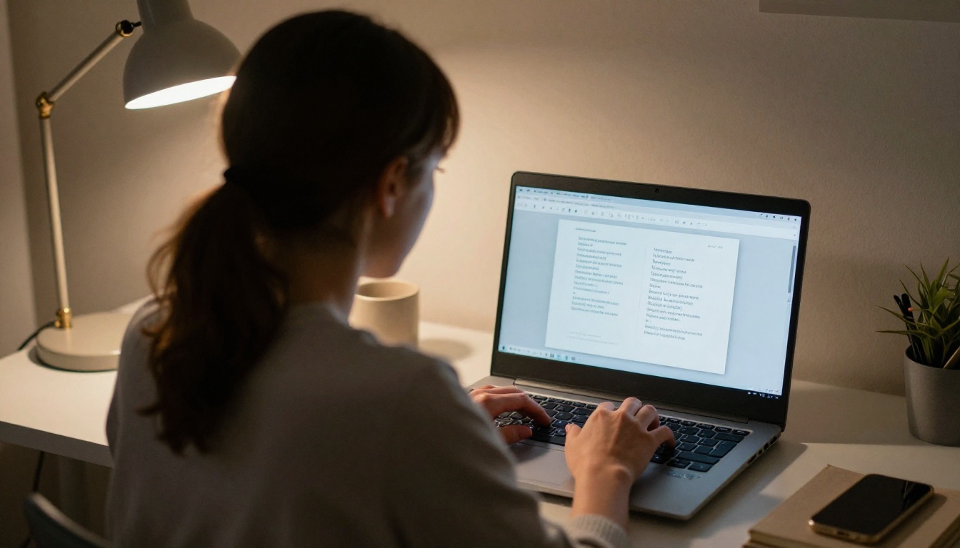 Young woman designing a funeral program on a laptop