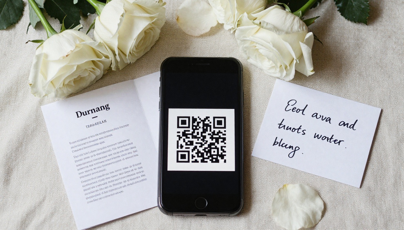 Digital memorial booklet with a QR code on a phone