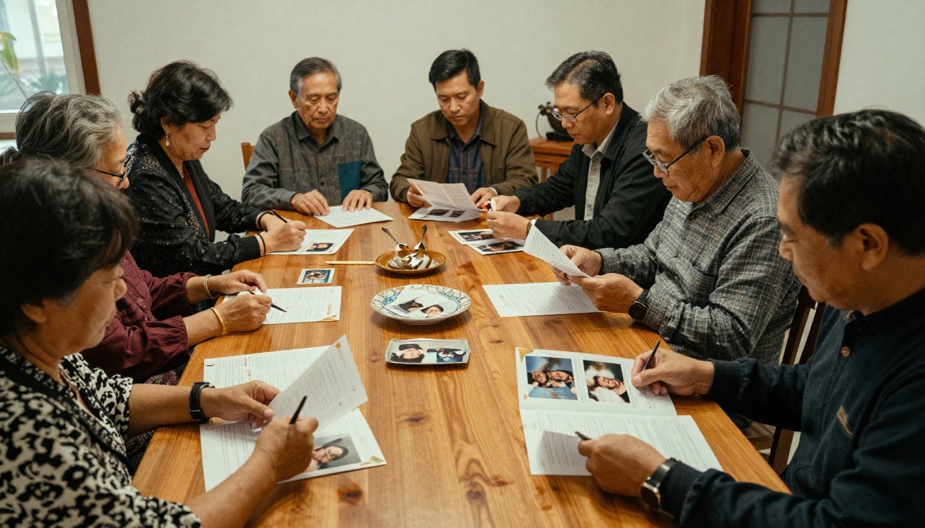 Relatives gathered around a table sharing a memorial program