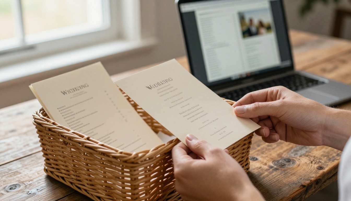 Couple arranging printed wedding programs in a basket