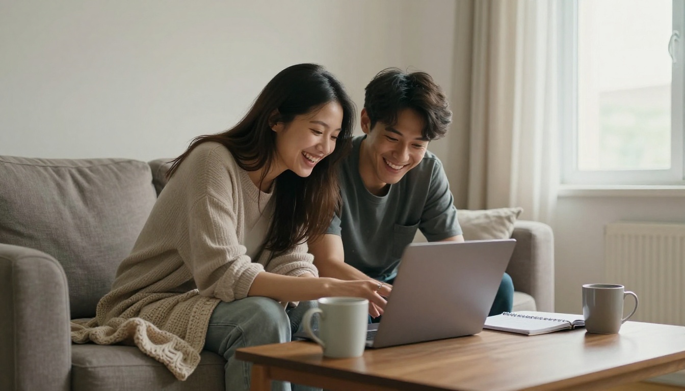 Couple laughing on a sofa while planning their wedding program on a laptop
