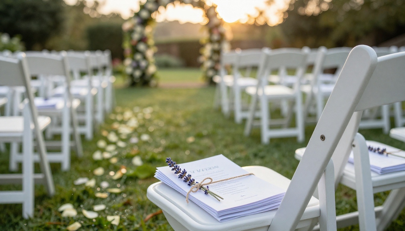Wedding ceremony chairs with folded programs tied with twine