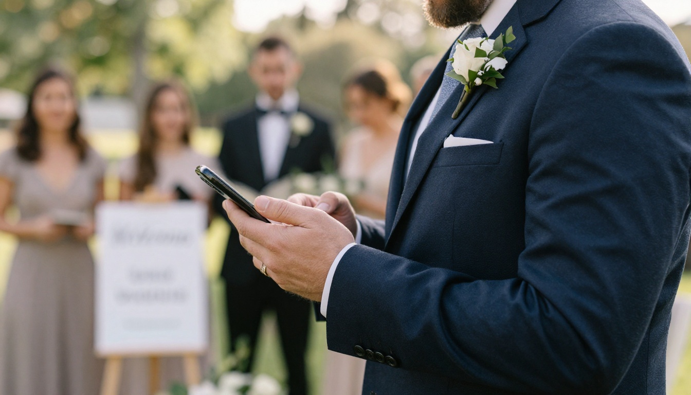Guest reading a digital wedding program on a smartphone at the ceremony entrance