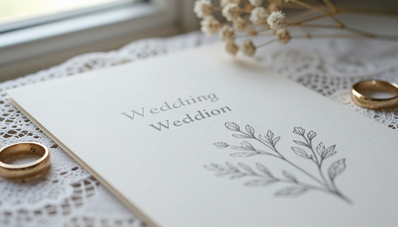 Close-up of a printed wedding program on a lace tablecloth beside a ring
