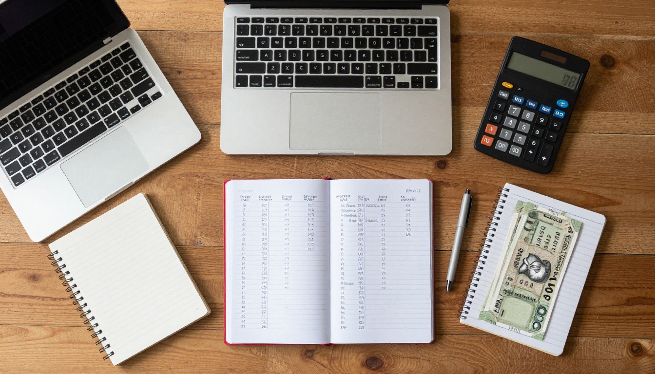 Royalty calculations laid out on a wooden desk with rupee notes Royalty calculations laid out on a wooden desk with rupee notes