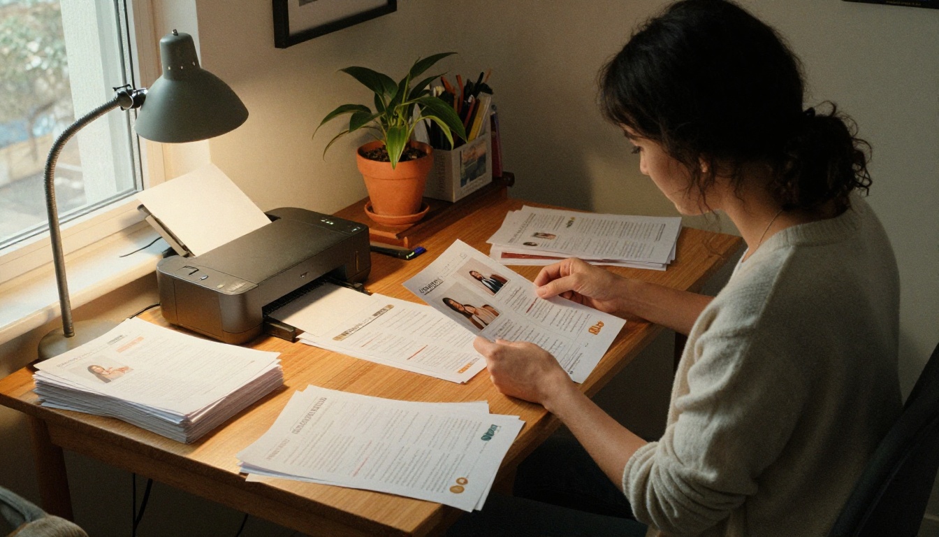 A home office where a bride prints wedding programs on a small printer