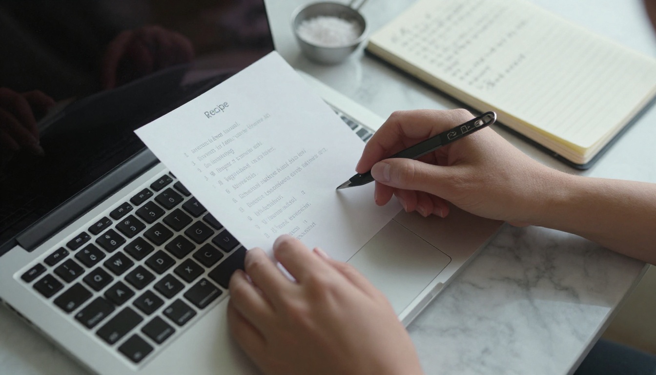 Hands typing a recipe ingredient list on a laptop