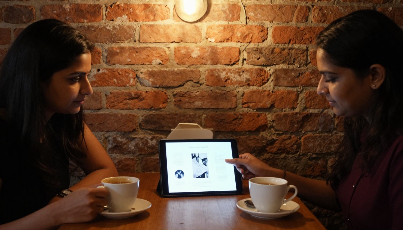 Authors reviewing a front design on a tablet in a cafe Authors reviewing a front design on a tablet in a cafe